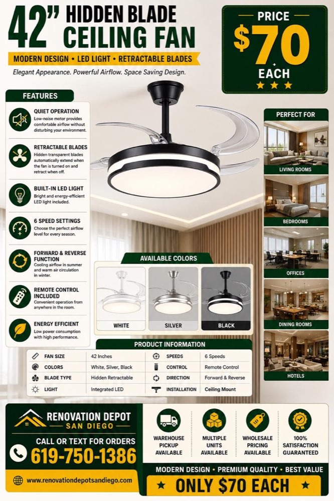 42" Hidden Blade Ceiling Fan