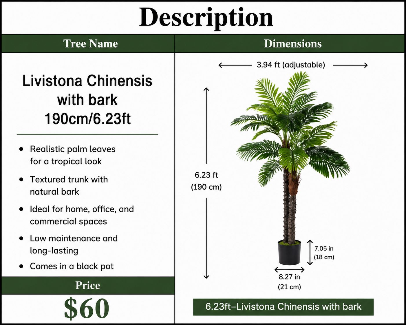 Artificial Livistona Chinensis (with Bark)