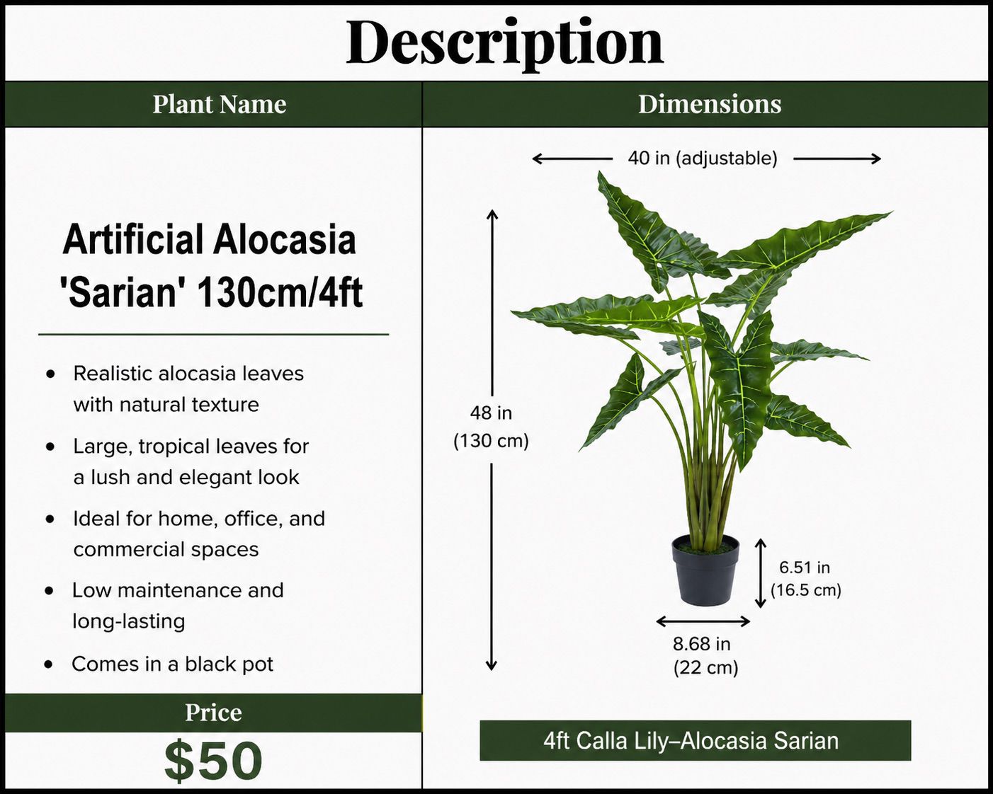 Artificial Alocasia 'Sarian'