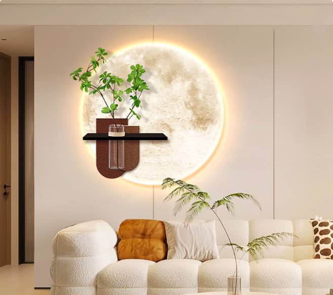 Crescent Moon Shelf Wall Light with Faux Plant