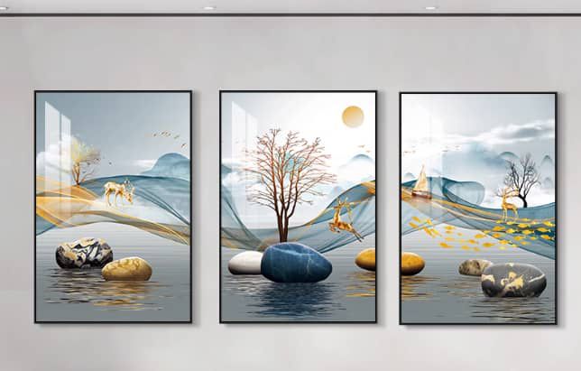 Misty Lake, Stones & Golden Deer Triptych