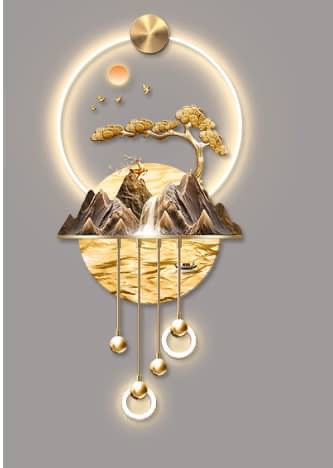 Golden Mountain Scene LED Wall Sculpture with Pendant Lights