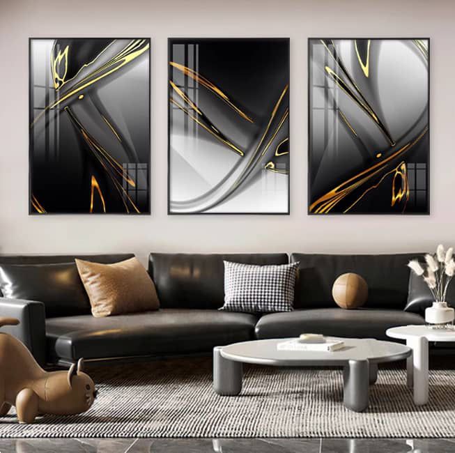 Black & Gold Abstract Ribbon Triptych