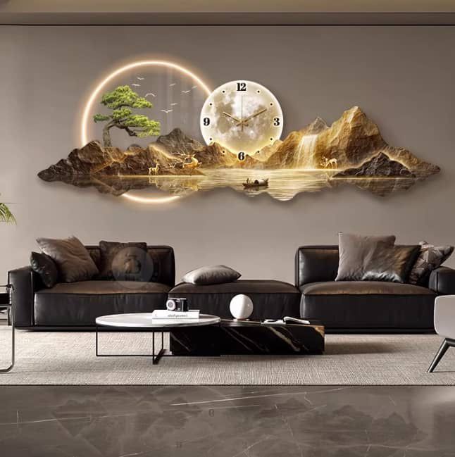 Mountain & Moon Clock LED Wall Art with Bonsai & Deer
