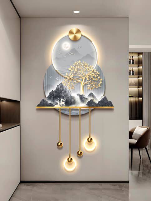 Golden Tree & Moon Sculptural Pendant Wall Art