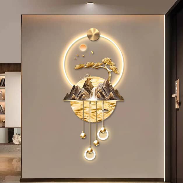 Golden Bonsai & Mountain Pendant LED Wall Sculpture
