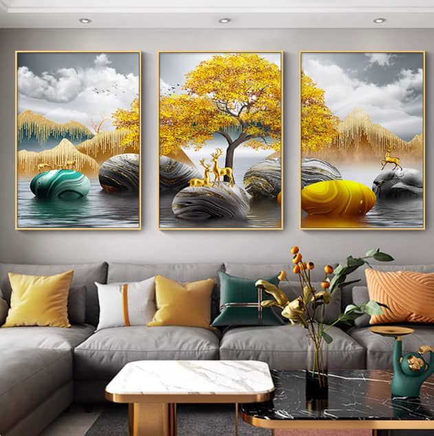 Golden Tree, Marbled Stones & Deer Triptych