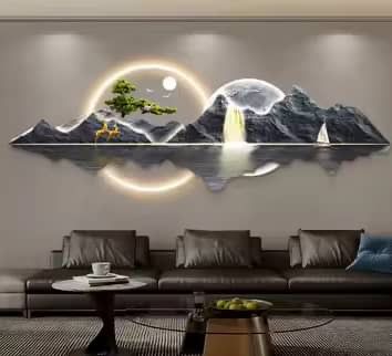 Mountain Lake Reflection LED Wall Art with Bonsai & Deer