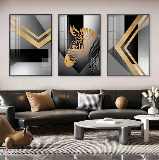 Geometric Gold & Zebra Abstract Triptych