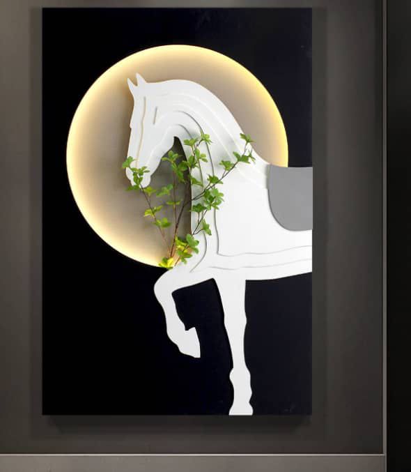 White Horse Head 3D Panel with Live Plant Accent