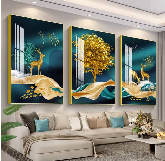 Golden Deer & Koi Triptych on Teal
