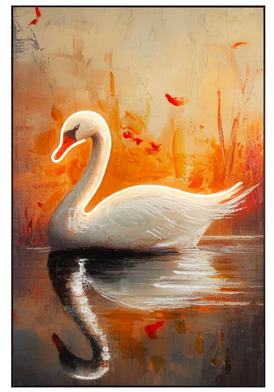 Neon-Outline Swan Oil Painting